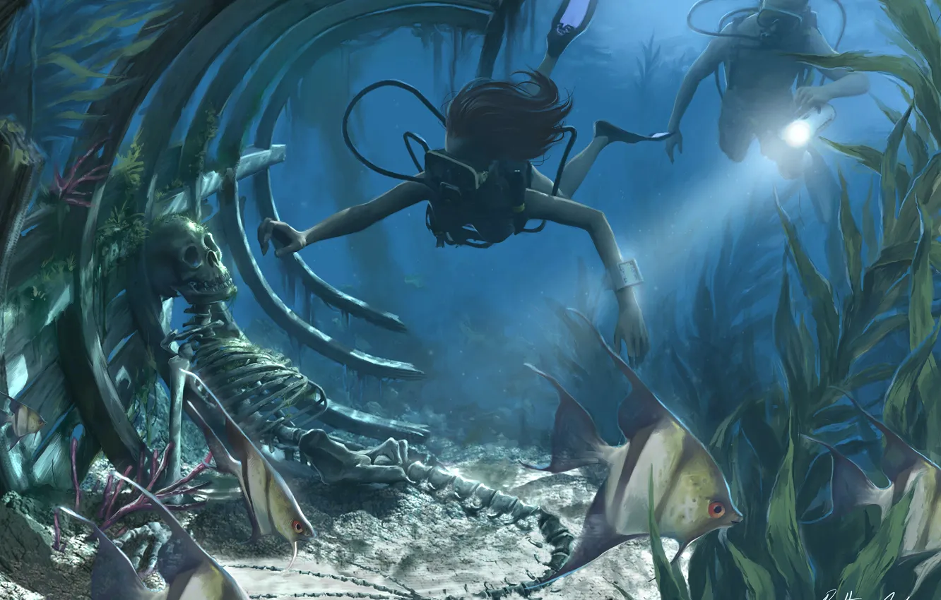 Photo wallpaper fish, skeleton, divers, podvody