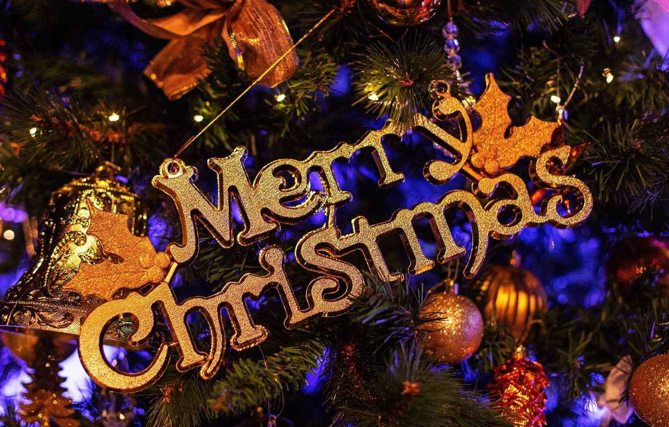 Photo wallpaper balls, holiday, the inscription, Christmas, New year, tree, needles, Christmas decorations
