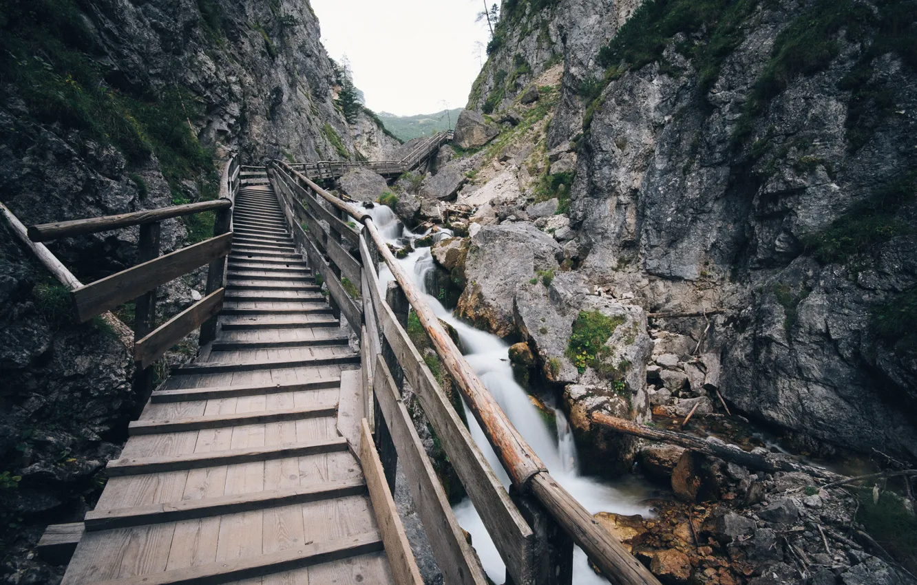 Photo wallpaper rock, bridge, water, Europe, mountain, Austria, long exposure, Silberkar gorge