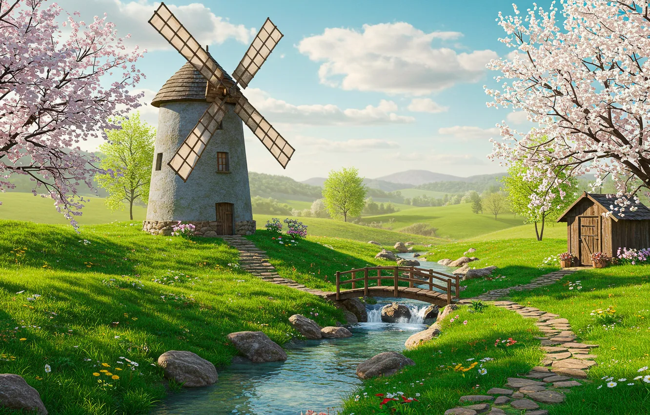 Photo wallpaper figure, spring, art, mill, wallpaper, river, river, art