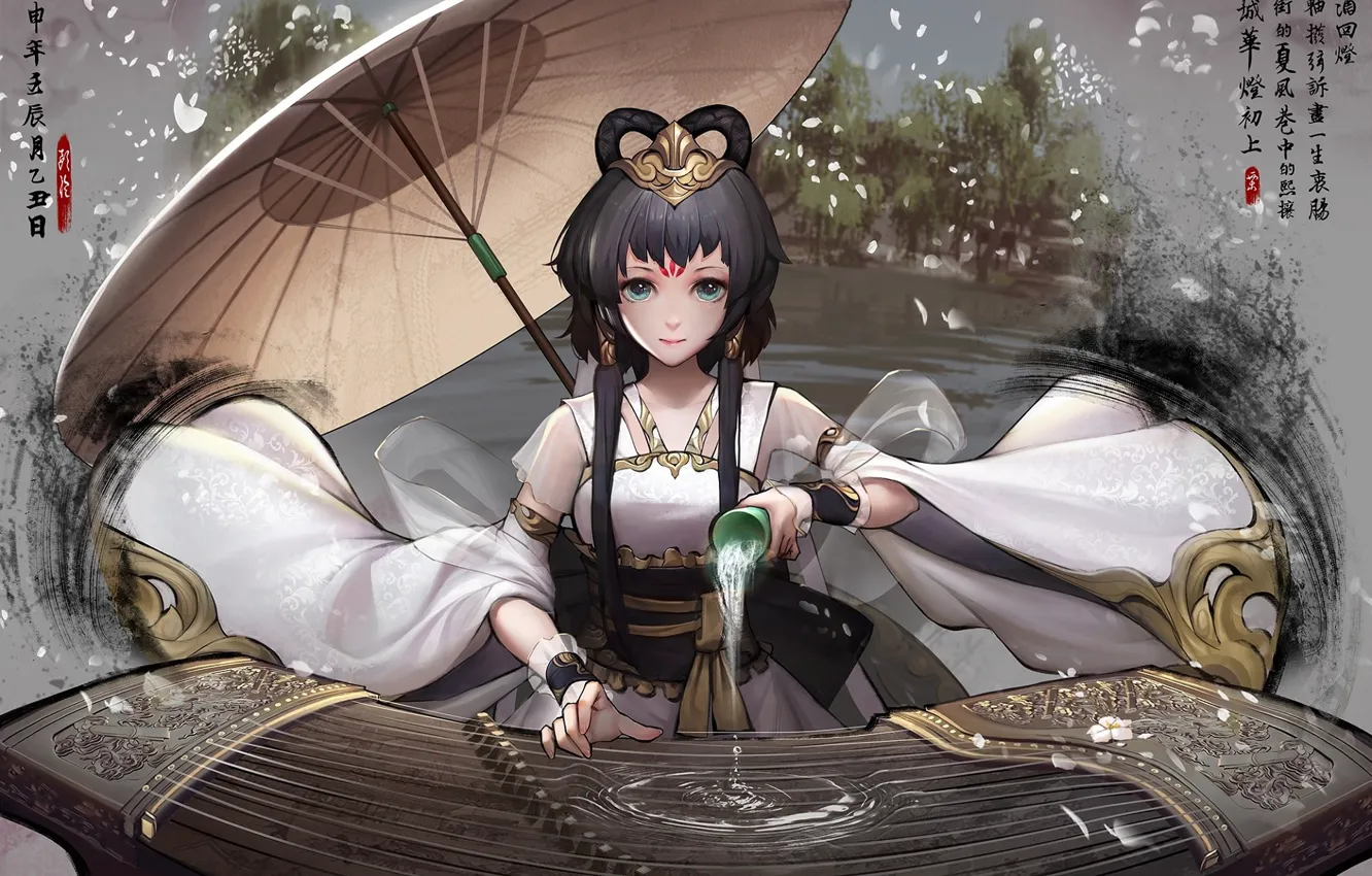 Photo wallpaper water, glass, China, strings, umbrella, hairstyle, costume, characters