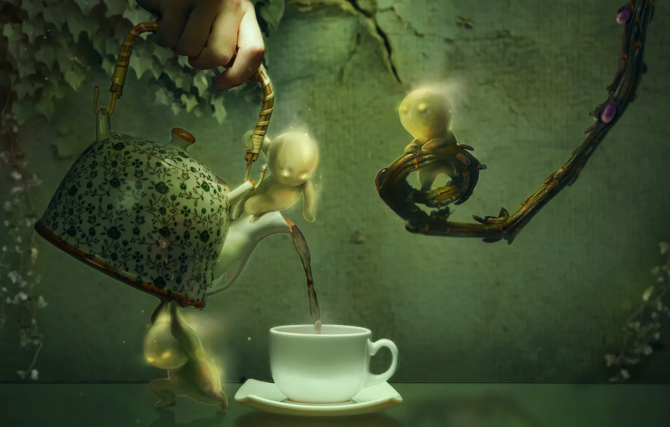 Photo wallpaper leaves, branches, graphics, hand, men, kettle, the tea party, Cup