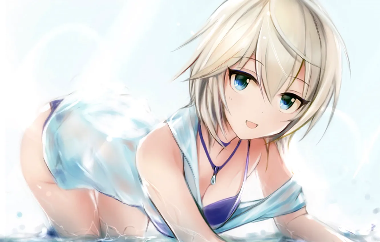 Photo wallpaper girl, sexy, Anastasia, cleavage, boobs, anime, water, blue eyes