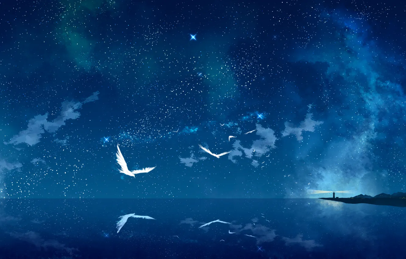Photo wallpaper sea, stars, birds, night, lighthouse, art, starry sky, tokumu kyuu