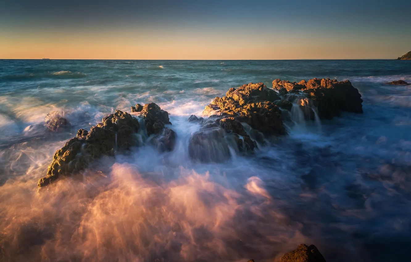 Photo wallpaper water, stones, the ocean, dawn, surf