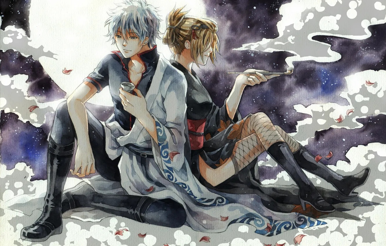 Photo wallpaper girl, night, the moon, guy, gintama, sake, Sakata Gintoki, tsukuyo