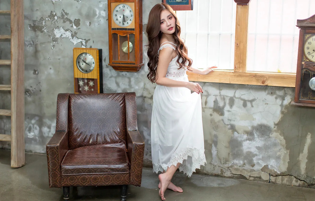 Photo wallpaper girl, room, watch, chair, Asian