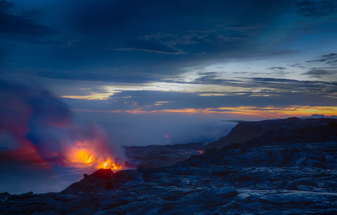 Photo wallpaper the sky, clouds, sunset, mountains, night, lights, fog, blue