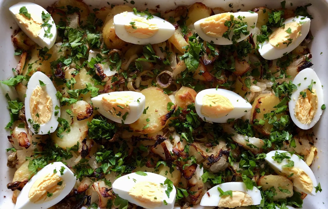 Photo wallpaper eggs, bow, potatoes, casserole