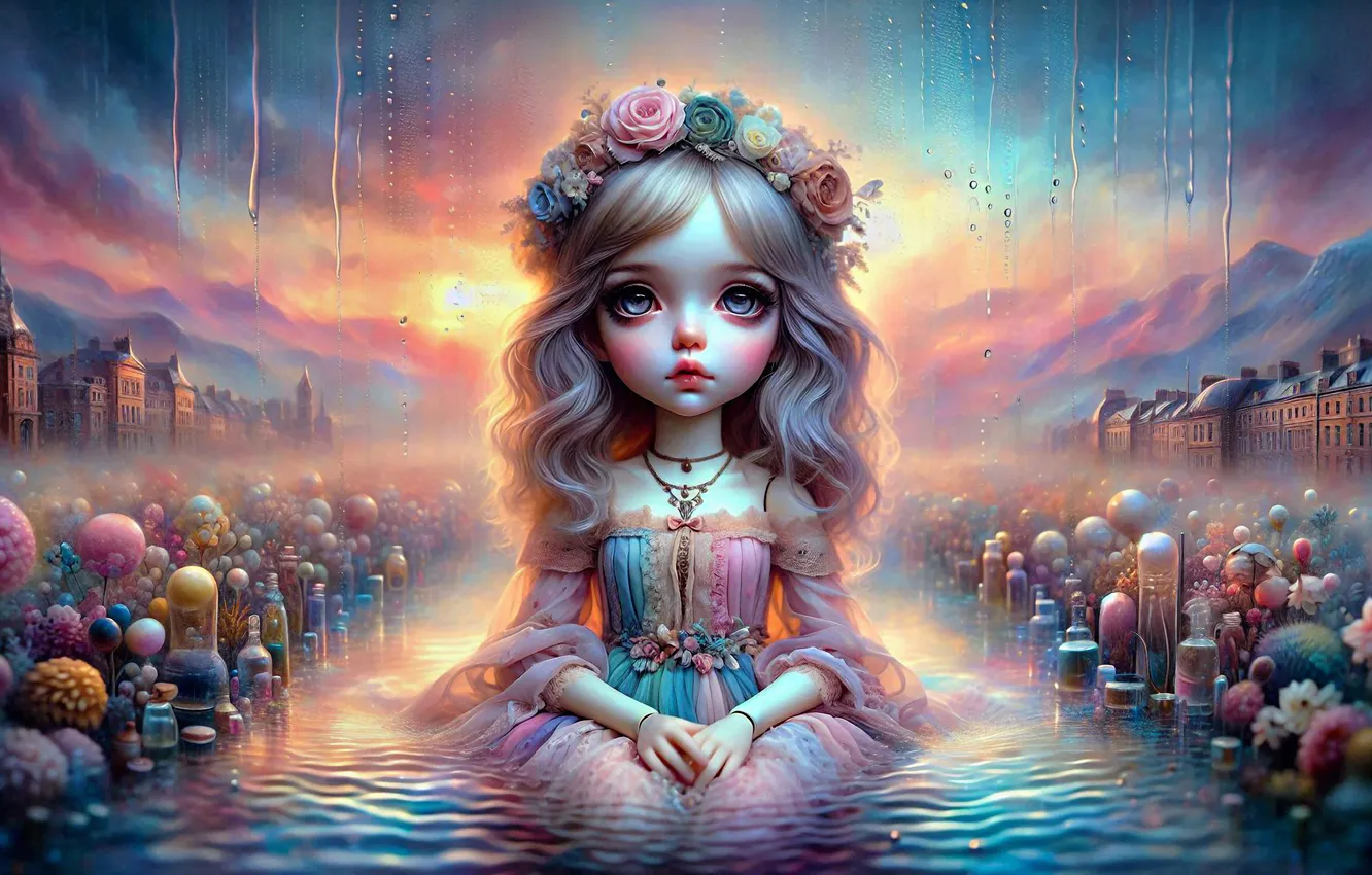 Photo wallpaper water, mountains, fog, river, rain, dress, blonde, girl