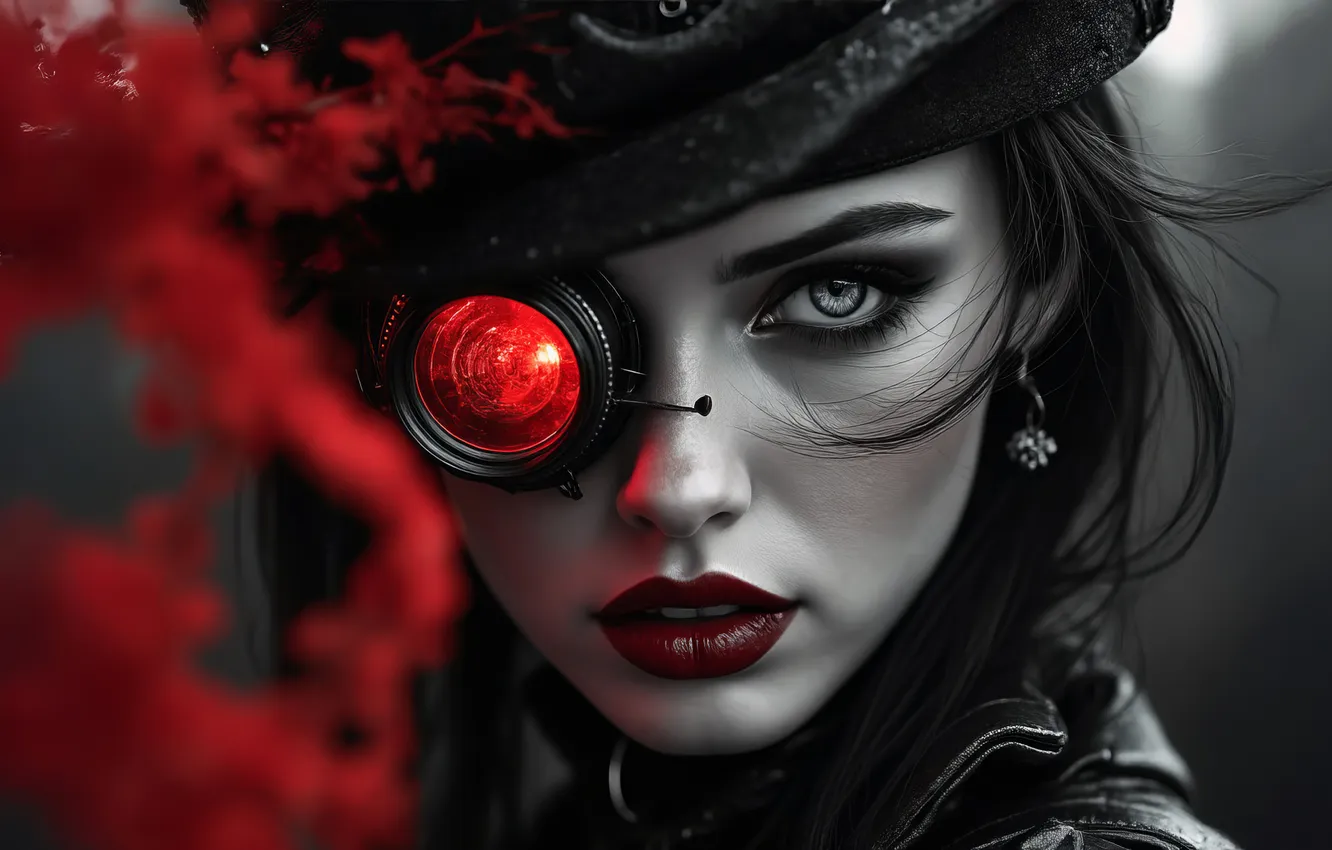 Photo wallpaper look, girl, face, portrait, steampunk, monocle, AI art, neural network