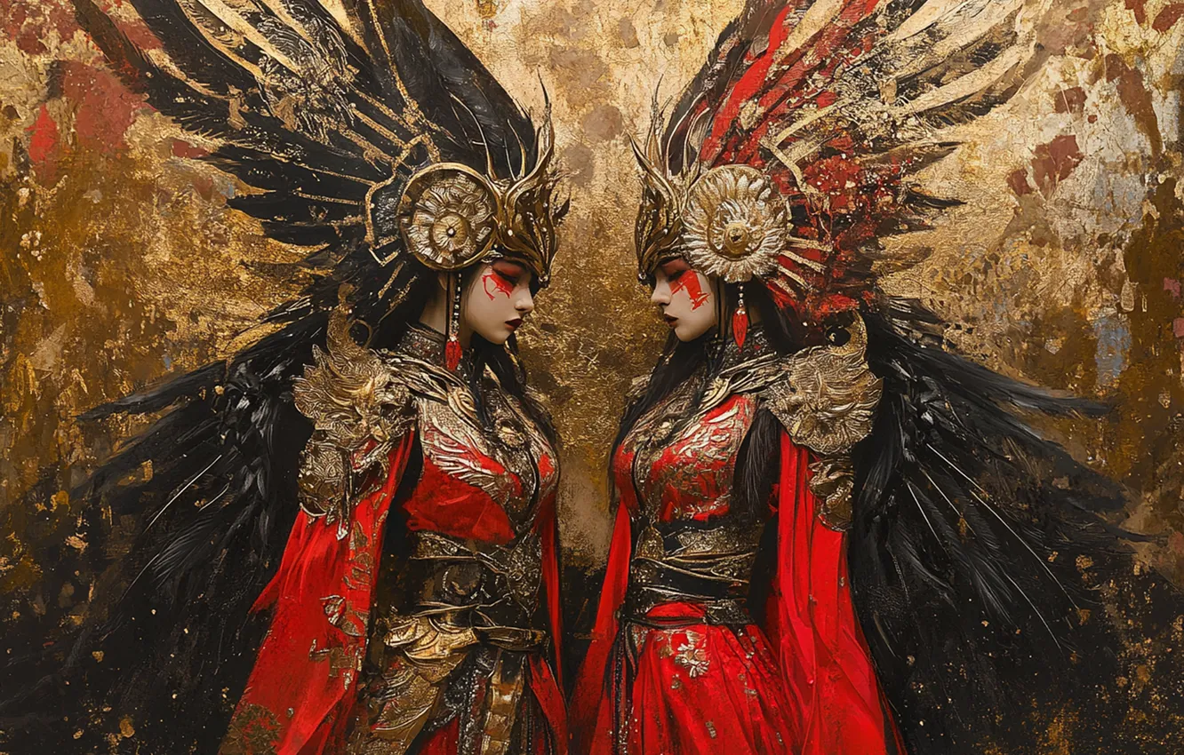 Photo wallpaper girl, feathers, Asian, two girls, headdress, imitation painting, AI art, neural network