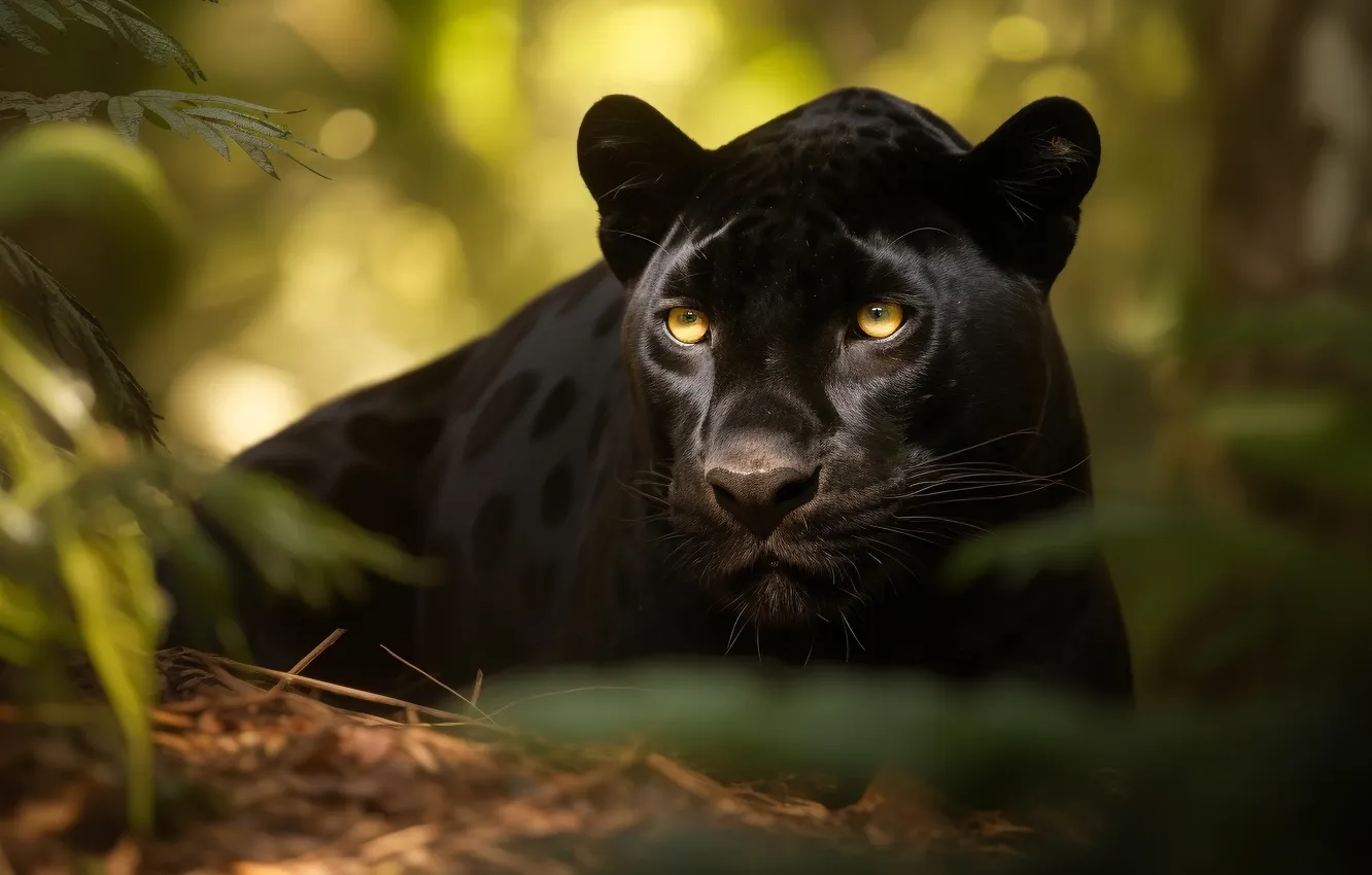 Photo wallpaper look, face, leaves, portrait, Panther, bokeh, AI art, neural network