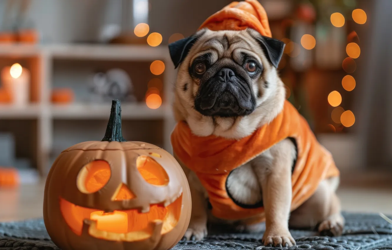 Photo wallpaper autumn, lights, holiday, dog, costume, outfit, pug, pumpkin