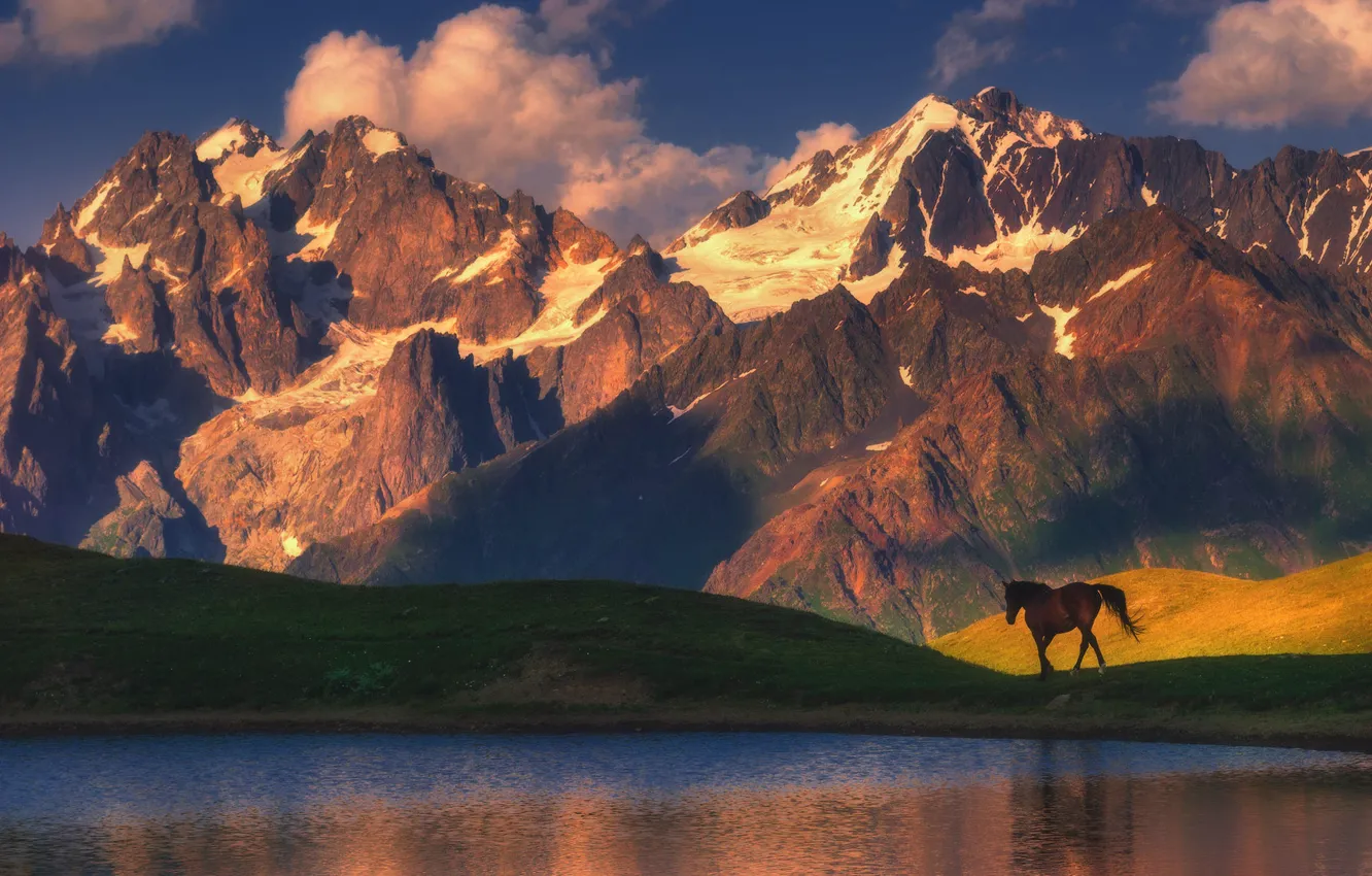 Photo wallpaper the sky, clouds, light, snow, mountains, lake, blue, rocks