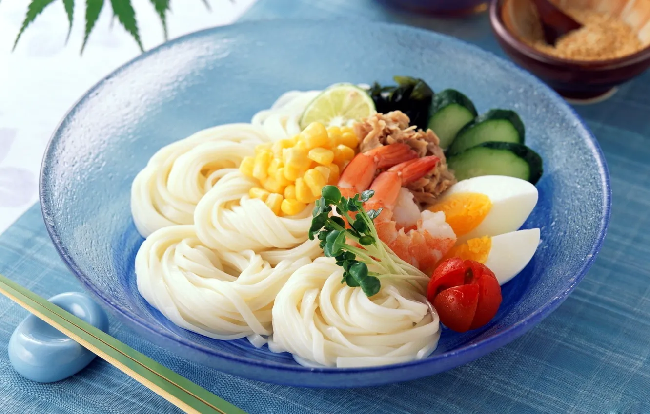 Photo wallpaper eggs, tomatoes, shrimp, pasta