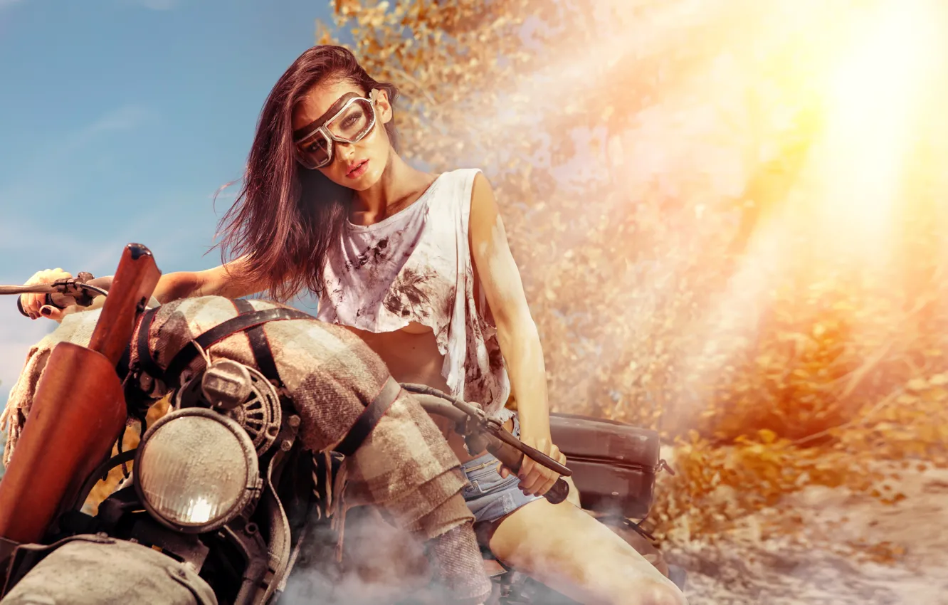 Photo wallpaper gun, motorcycle, brunette, pose, dirt glasses