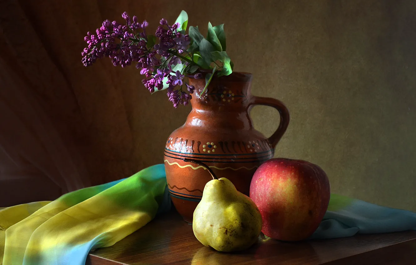 Photo wallpaper flower, table, Apple, pear, pitcher, fruit, still life, items