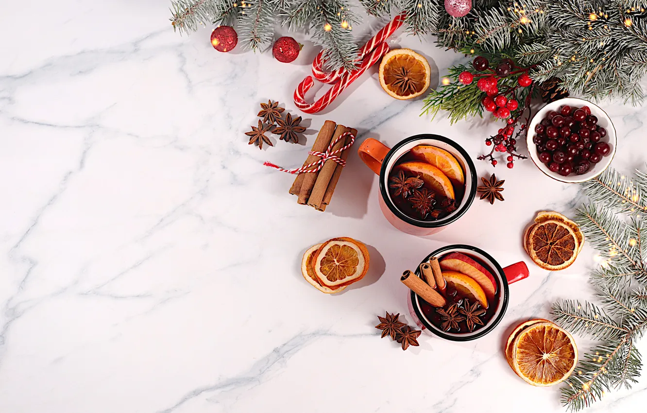 Photo wallpaper new year, Christmas, mulled wine, oranges, mugs