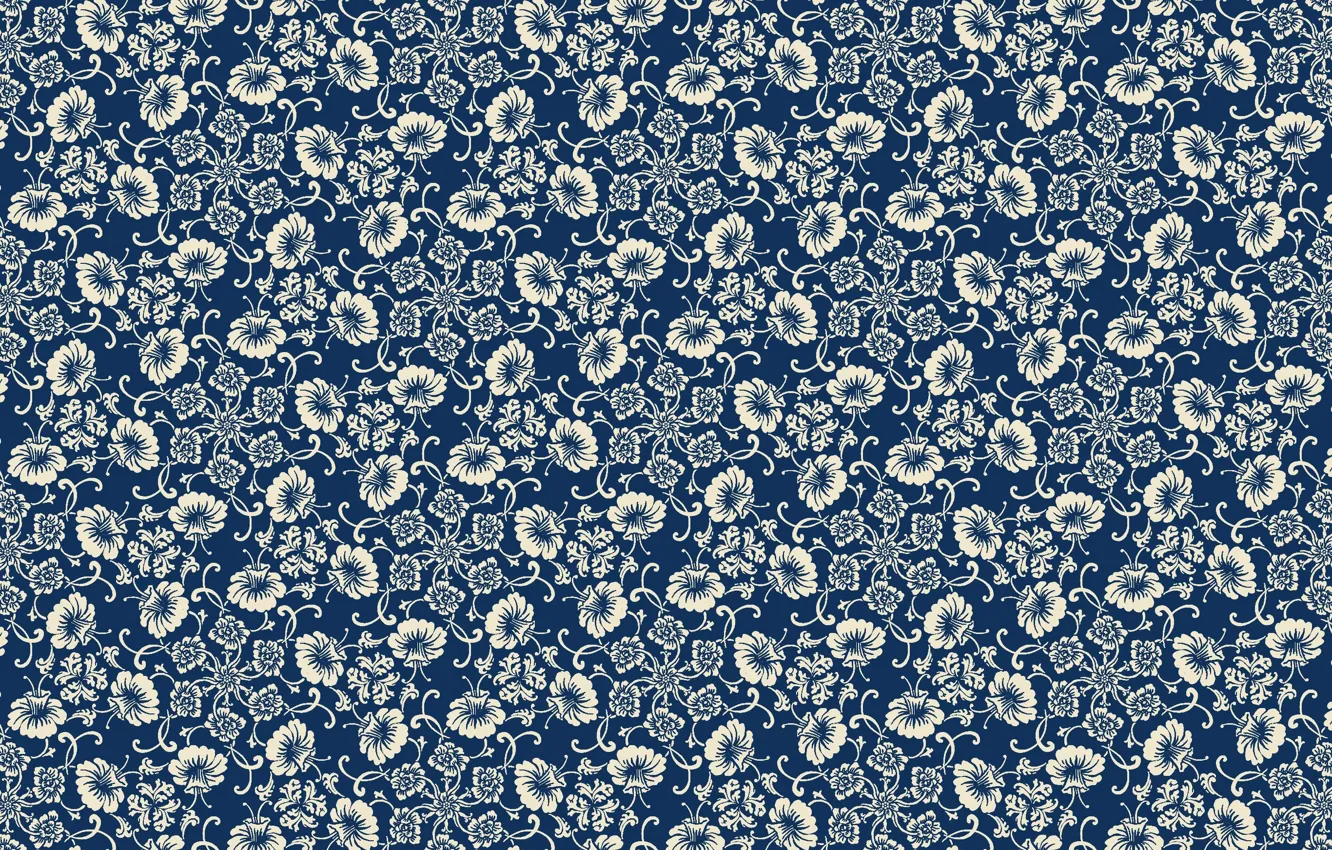 Photo wallpaper retro, Wallpaper, pattern, flowers, blue background, vintage