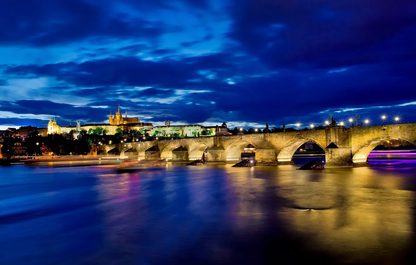 Photo wallpaper night, bridge, river, Prague, Czech Republic