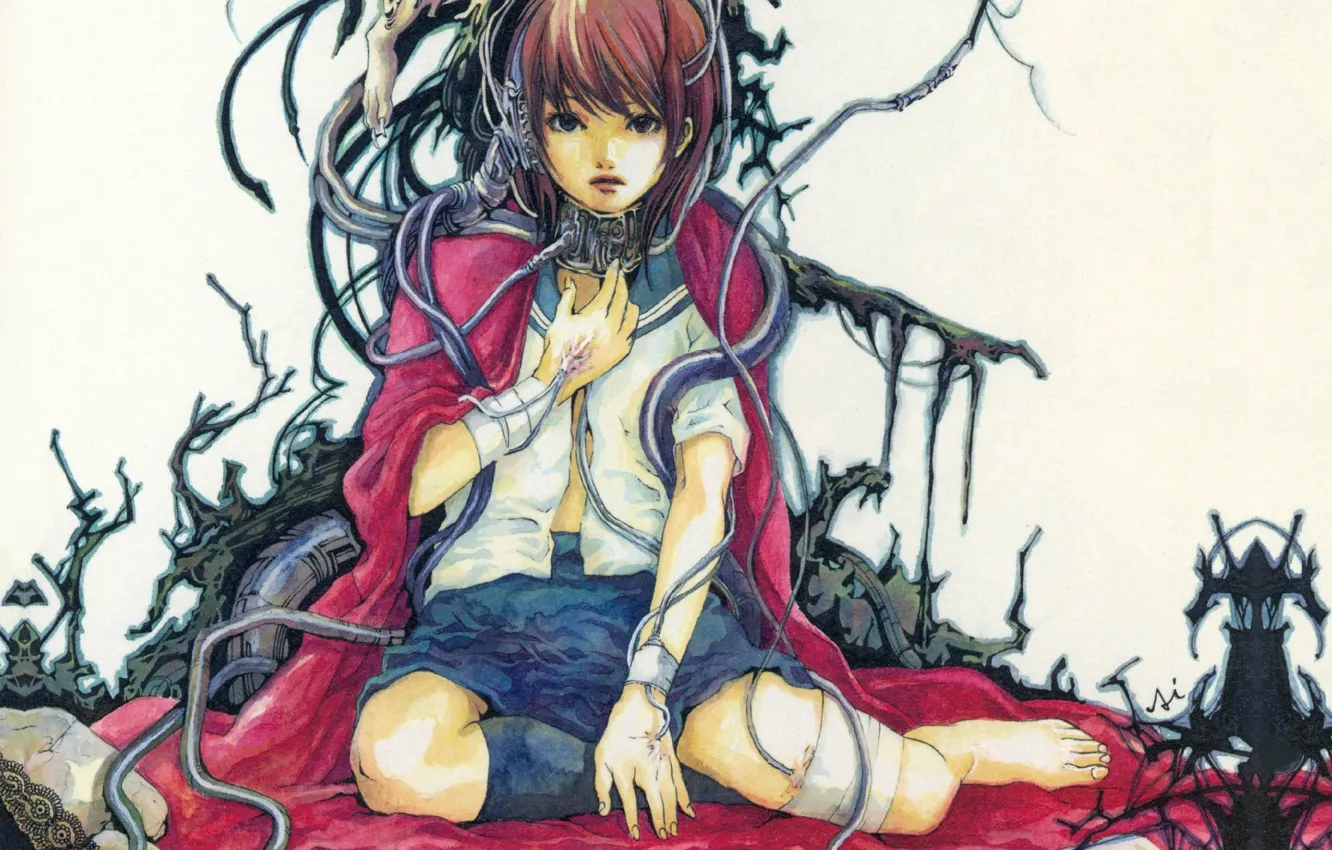 Photo wallpaper wire, collar, schoolgirl, cyborg, bandages, red coat, wounded, dropper