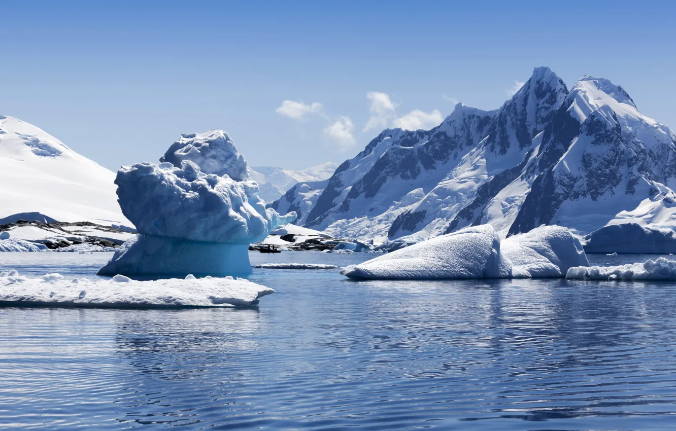 Photo wallpaper sea, the sky, snow, mountains, rocks, coast, icicles, ice