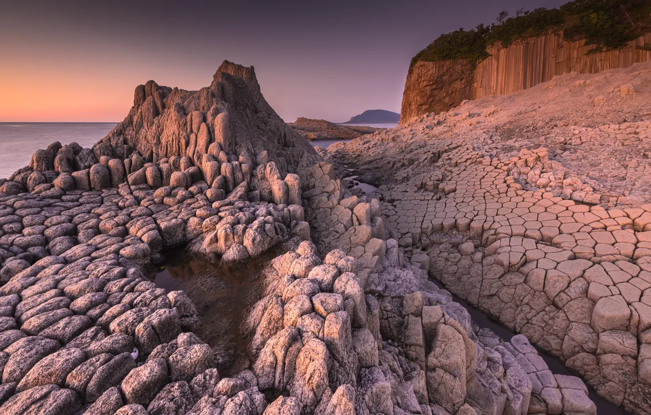 Photo wallpaper sea, the sky, light, stones, shore, structure, the evening, relief