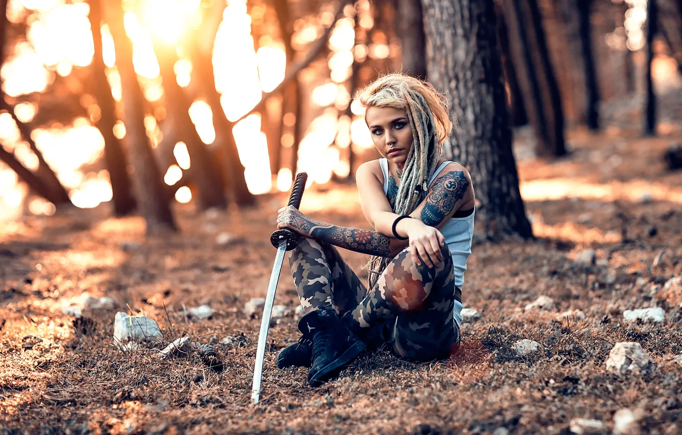 Photo wallpaper girl, weapons, sword, tattoo, camouflage, Alessandro Di Cicco, The Lost Warrior