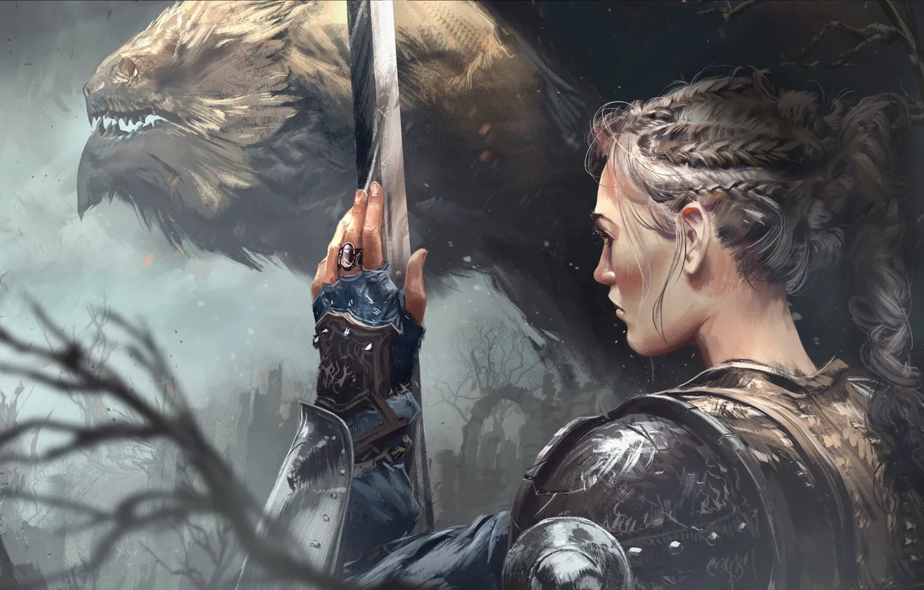 Photo wallpaper girl, sword, fantasy, armor, weapon, Warrior, braid, painting
