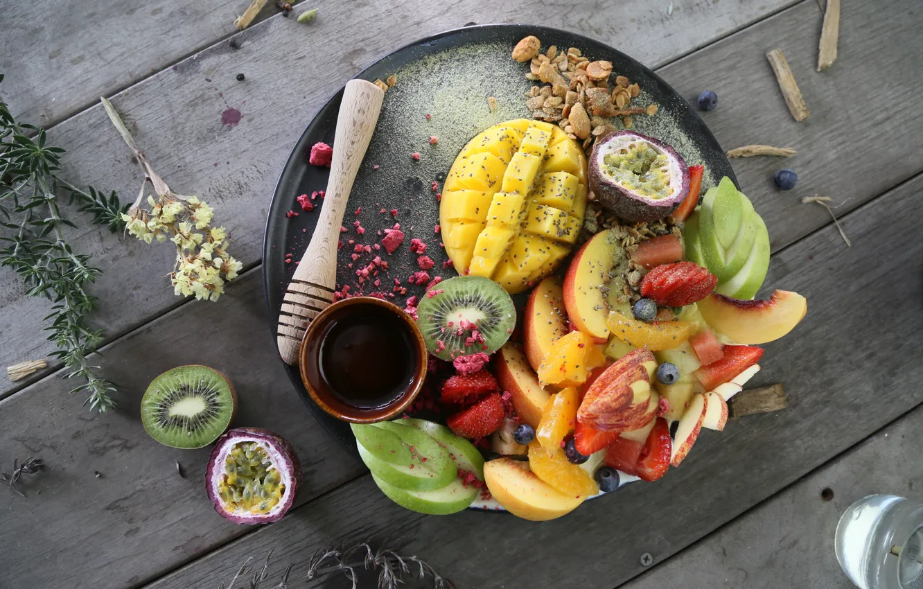 Photo wallpaper kiwi, plate, fruit, mango, nuts, honey, wood