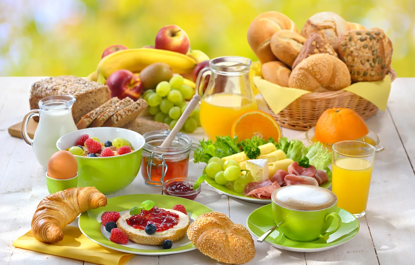 Photo wallpaper raspberry, apples, coffee, orange, Breakfast, cheese, milk, juice