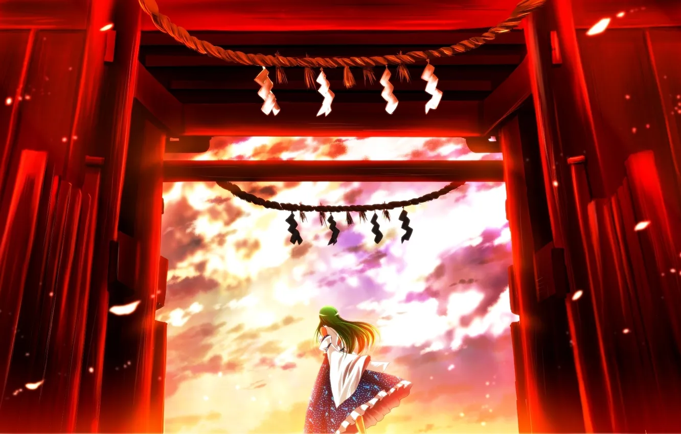 Photo wallpaper girl, the wind, gate, petals, gesture, touhou, art, Kochi Have Done The Art