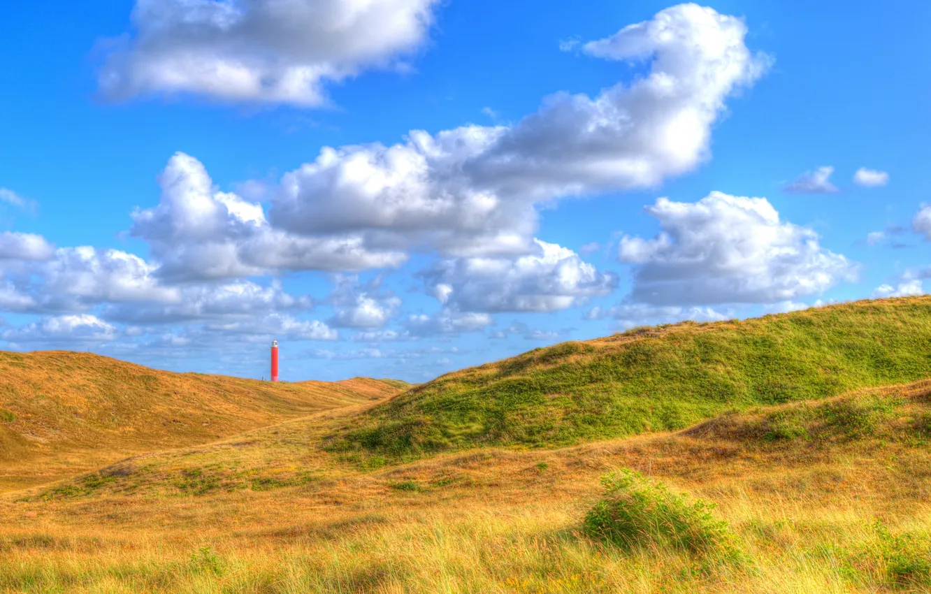 Photo wallpaper field, the sky, clouds, lighthouse