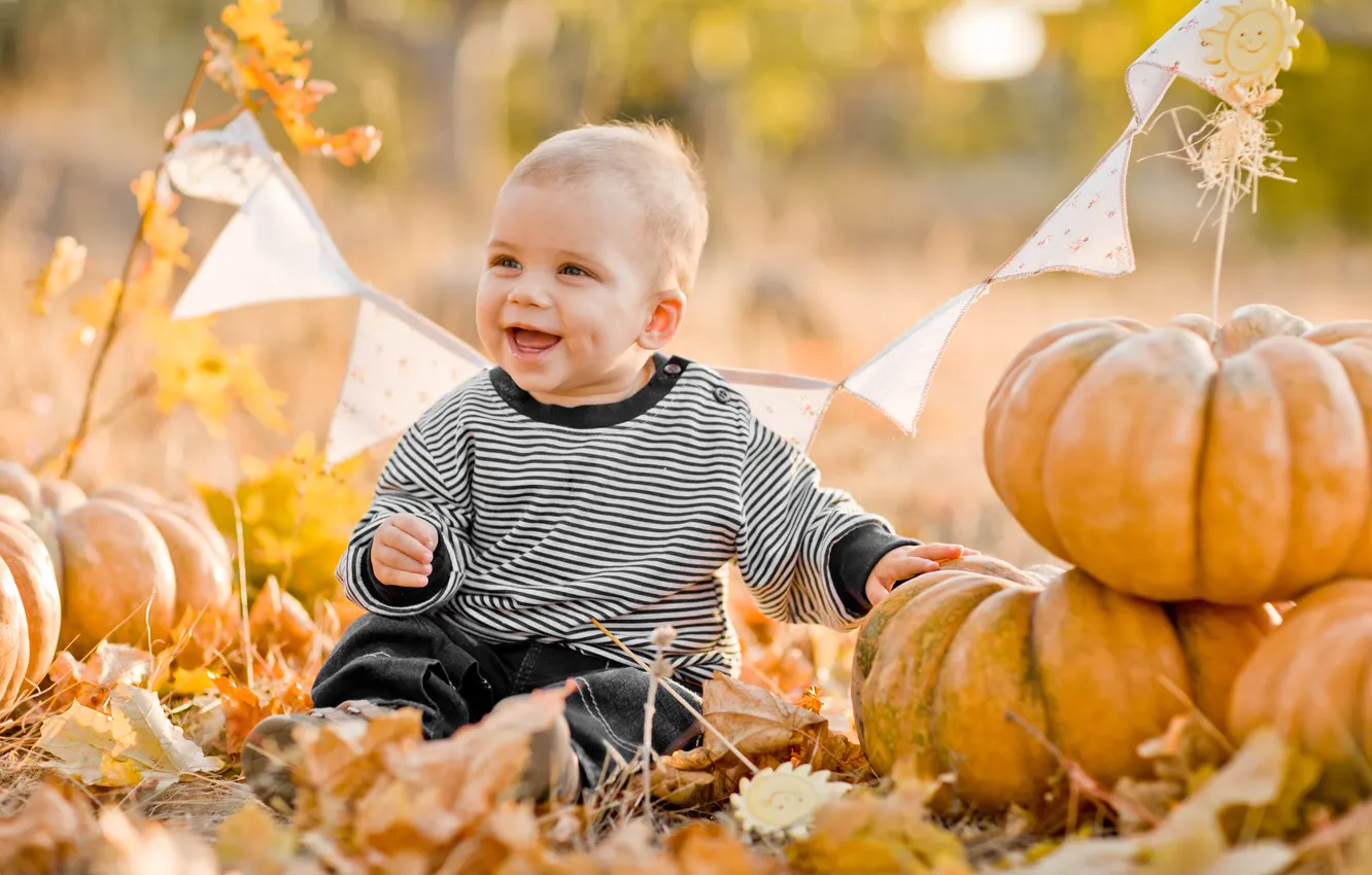 Photo wallpaper autumn, leaves, joy, boy, pumpkin, child