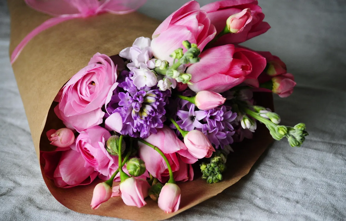 Photo wallpaper bouquet, tulips, pink, buttercups