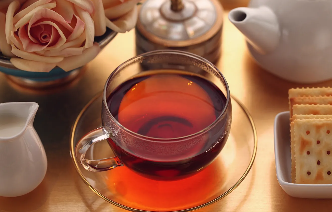 Photo wallpaper table, tea, roses, Breakfast, milk, cookies, Cup