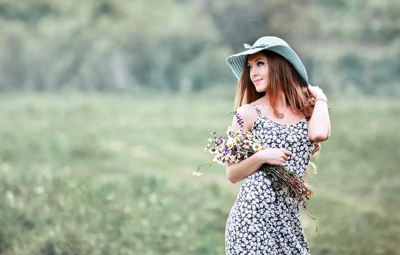 Photo wallpaper girl, flowers, hat