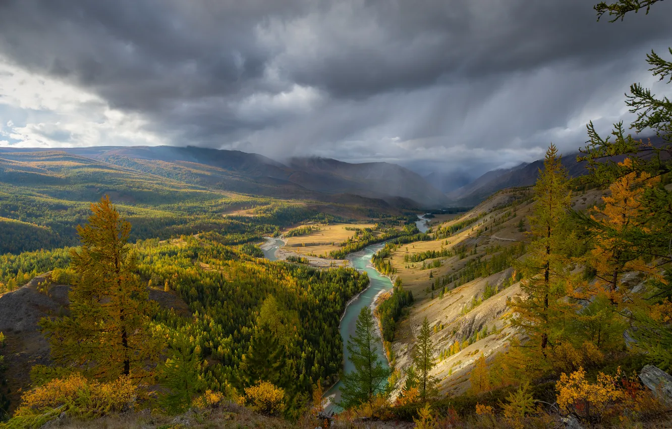 Photo wallpaper clouds, trees, river, valley, rays of light, Rustem Dikov