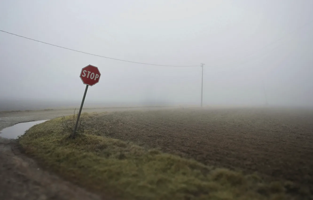 Photo wallpaper road, fog, sign
