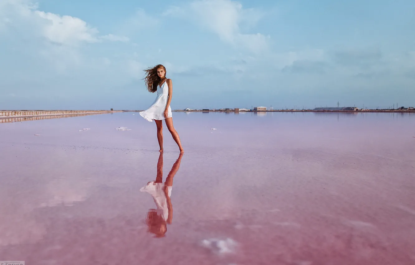 Photo wallpaper the sky, water, girl, pose, reflection, the wind, model, dress