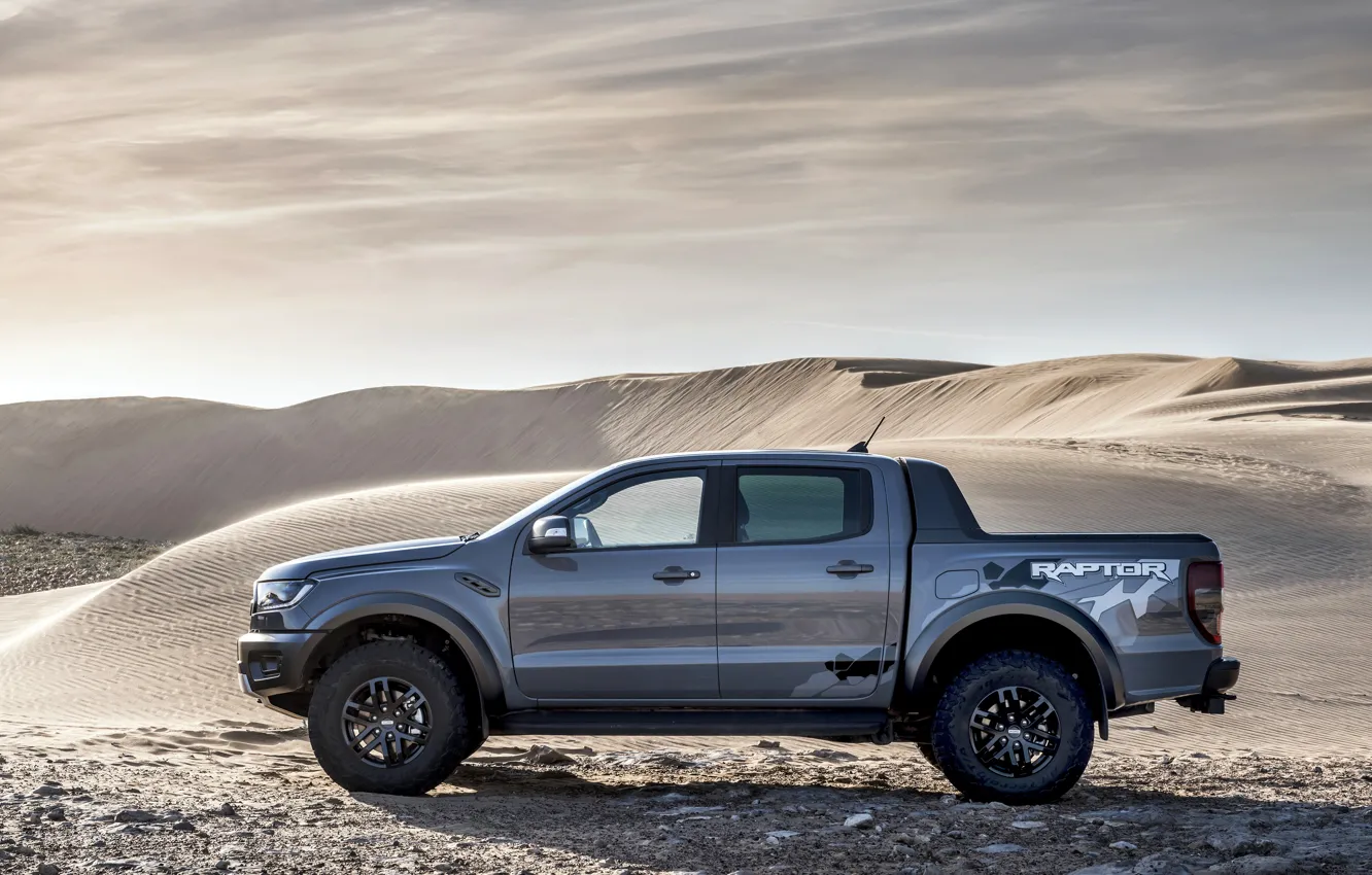 Photo wallpaper sand, grey, desert, Ford, side view, Raptor, pickup, Ranger