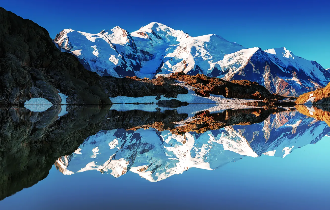 Photo wallpaper reflection, lake, France, mountain, mirror, Blanc, white mountain, Francuskie Alps