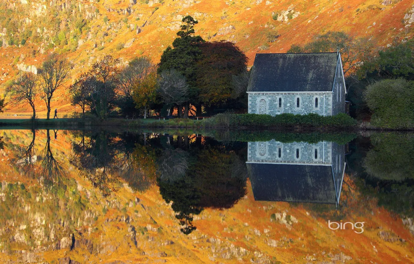 Photo wallpaper autumn, water, trees, nature, lake, reflection, mountain, slope