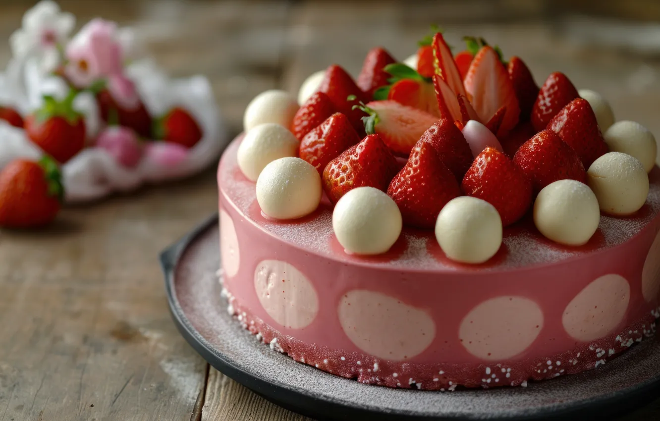 Photo wallpaper strawberry, berries, cake, AI art, neural network