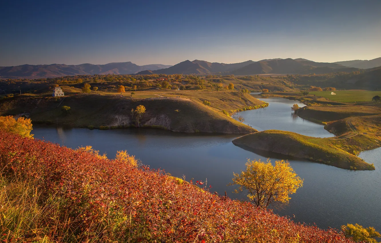 Photo wallpaper autumn, river, hills