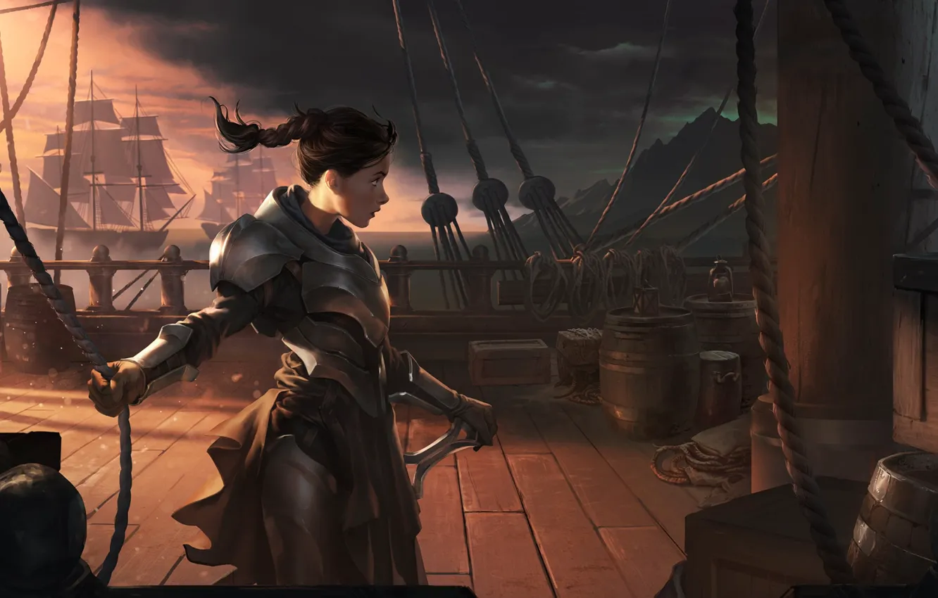 Photo wallpaper girl, ship, armor, rope, deck, knight, Legends of Runeterra