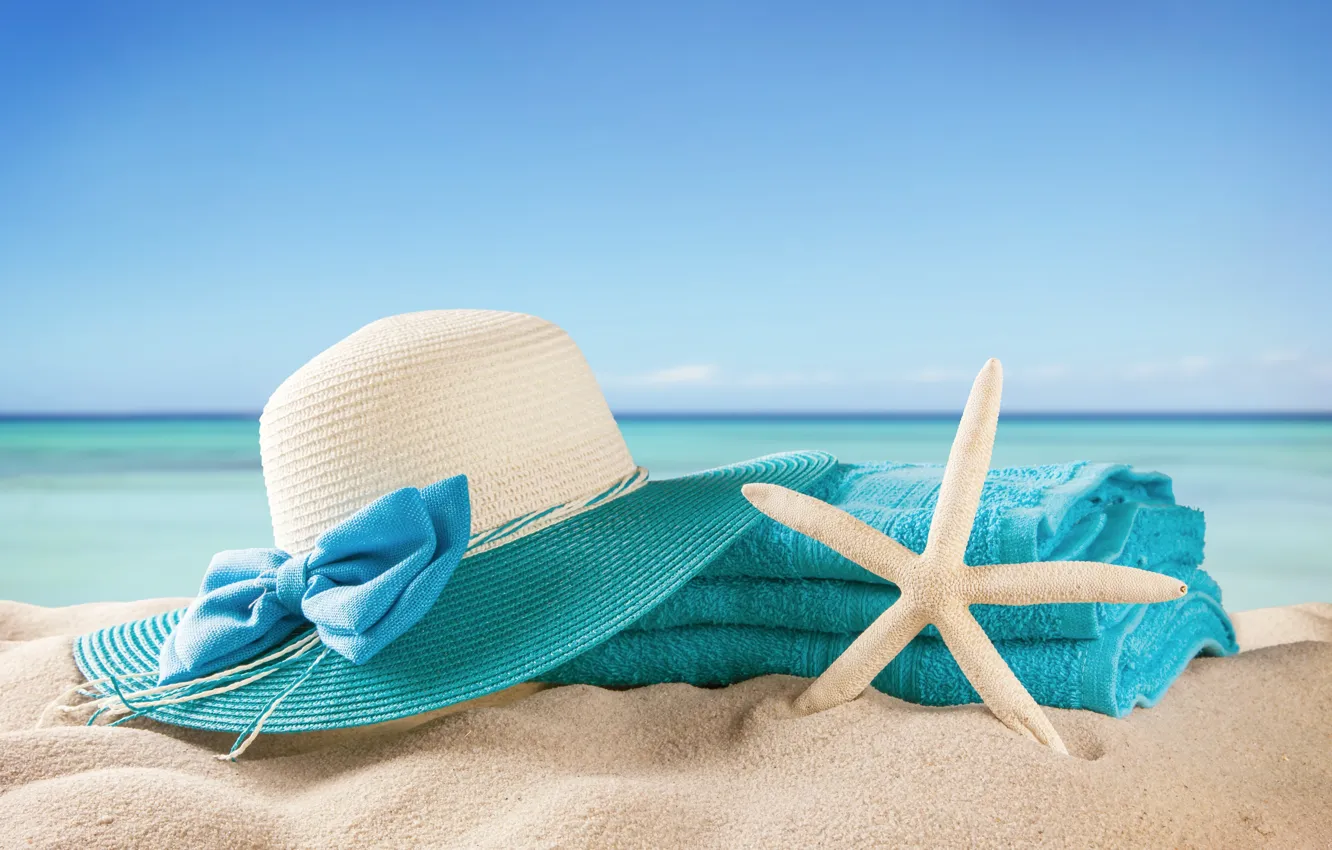 Photo wallpaper sand, sea, beach, summer, the sun, stay, towel, hat