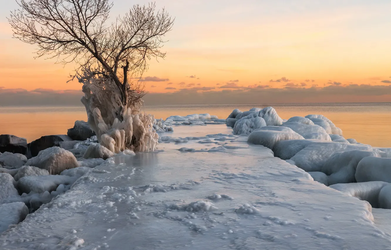 Photo wallpaper winter, sea, sunset, shore, ice