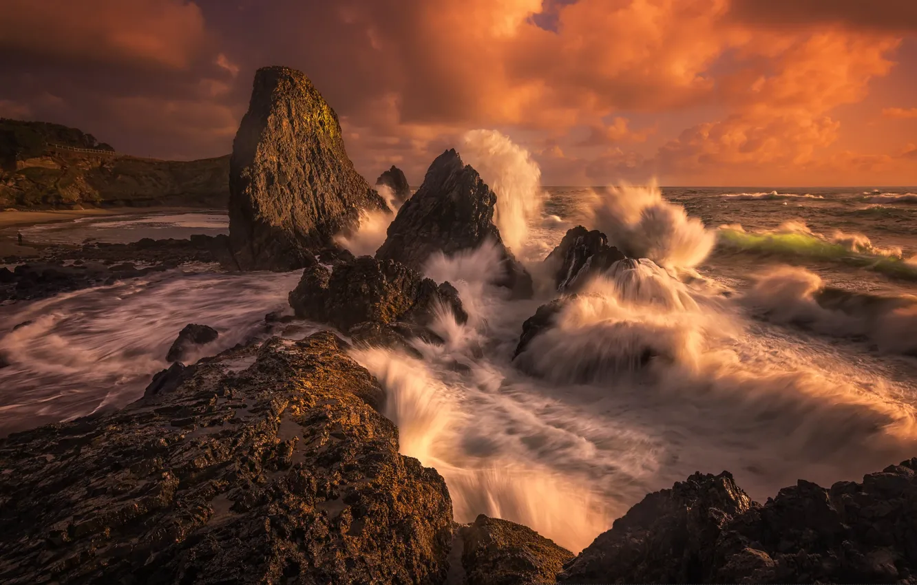 Photo wallpaper sea, wave, clouds, sunset, storm, stones, the ocean, rocks